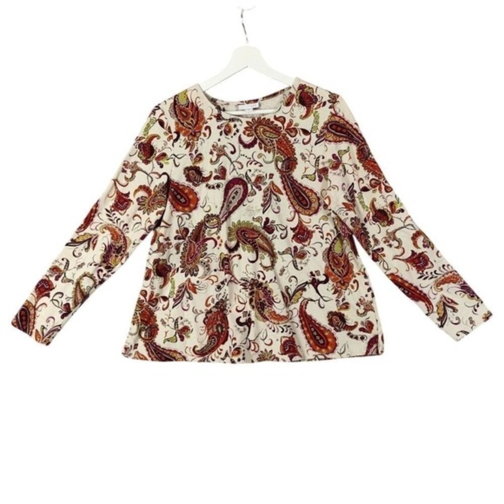 J. Jill Women Artsy Earthy Paisley Long Sleeve Top M Cream Back Vent Knit Shirt